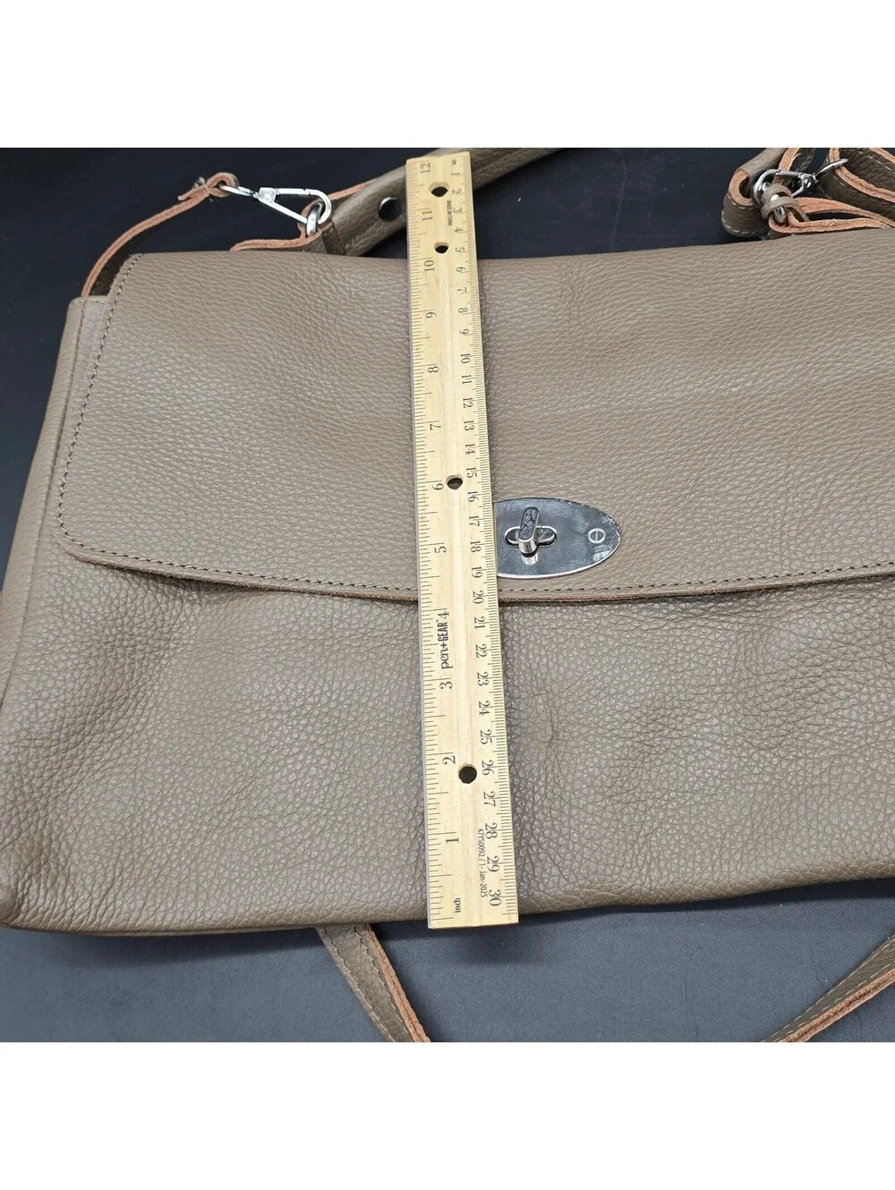 LOOWIE Italian Leather Satchel Bag Taupe Beige Pebbled Leather Crossbody Flap